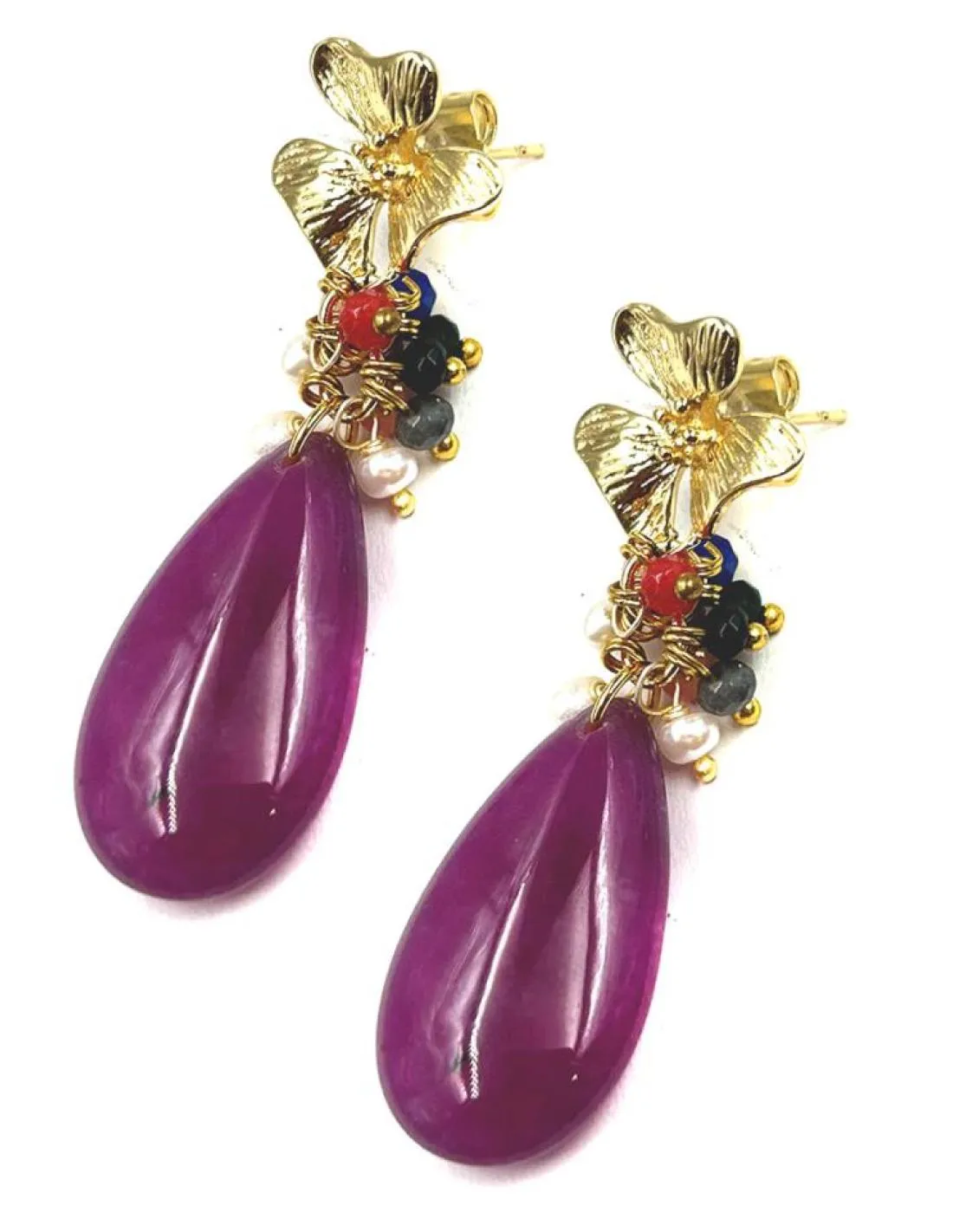 PENDIENTES DE PIEDRA LARGOS BUGAMBILIAS Y DORADOS