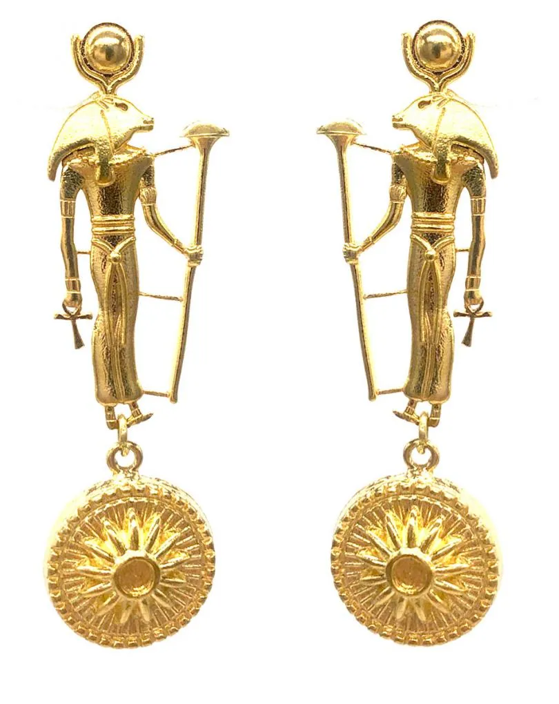 PENDIENTES LARGOS BAÑADOS EN ORO DIOS RA CON SOL