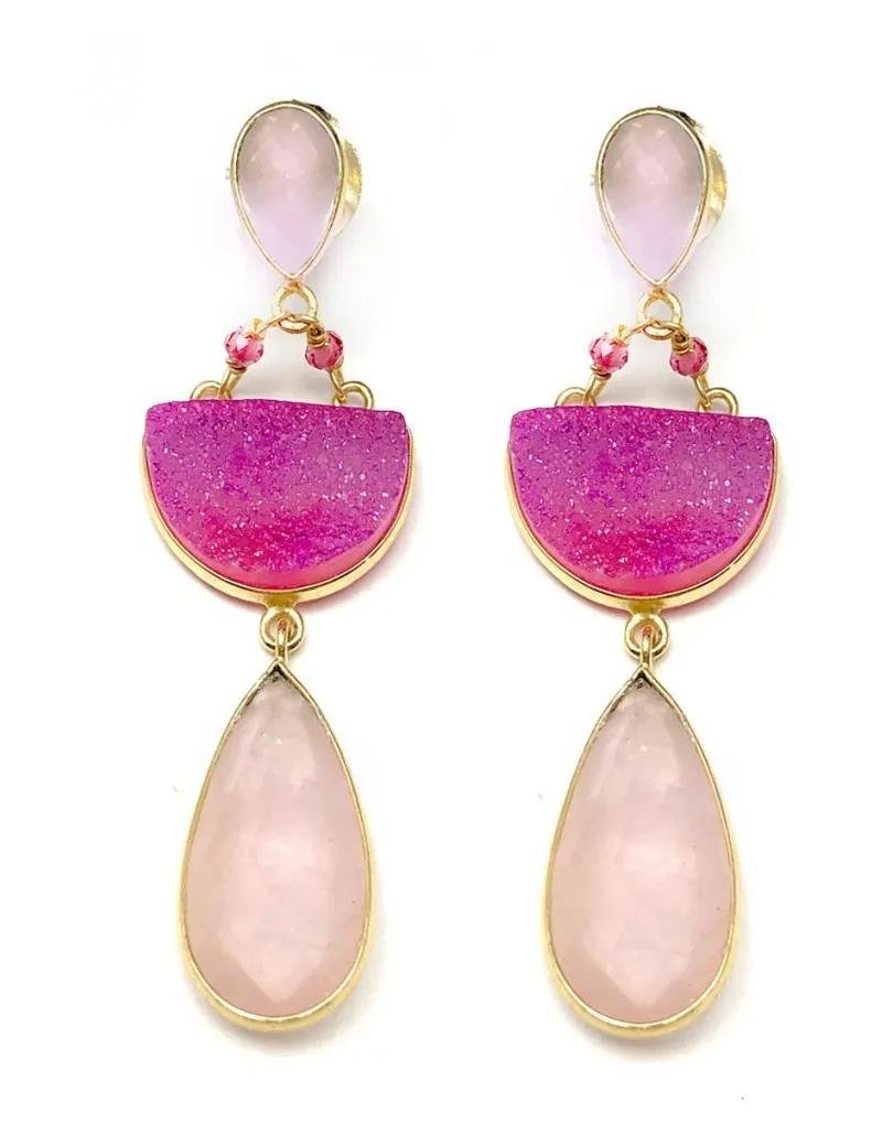 PENDIENTES LARGOS FUCSIAS DE PIEDRAS DRUSAS Y CUARZO ONLINE