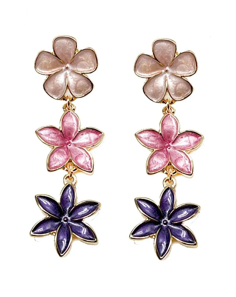PENDIENTES LARGOS MORADOS Y ROSAS CON FLORECITAS EN TRICOLOR