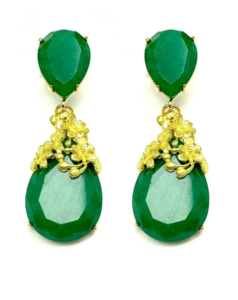 PENDIENTES LARGOS MUJER  PIEDRAS VERDES CHAPADOS ORO