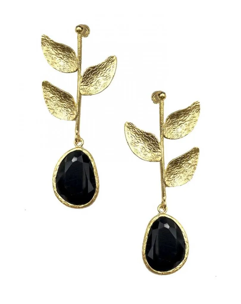 PENDIENTES MUJER LARGOS DE HOJAS Y PIEDRAS GRISES