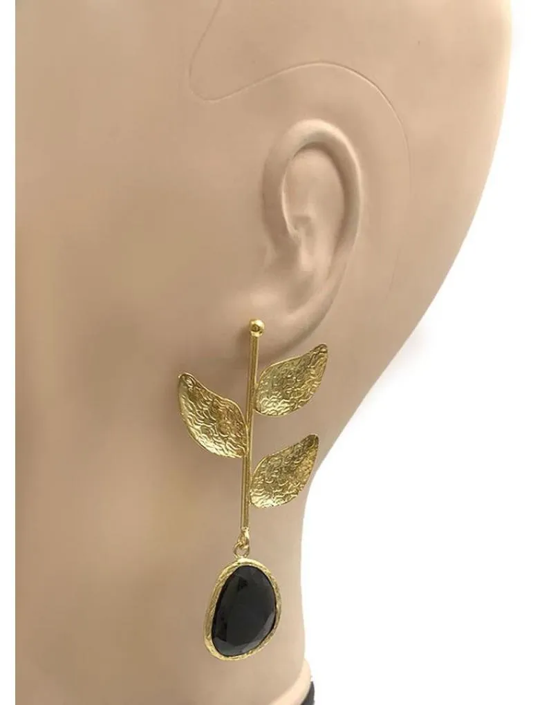 PENDIENTES MUJER LARGOS DE HOJAS Y PIEDRAS GRISES