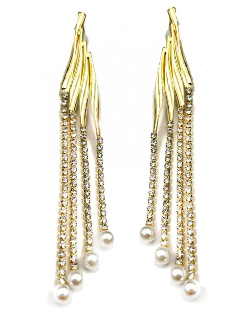 PENDIENTES MUJER LARGOS DORADOS CON PERLITAS Y CRISTAL ALTO BRILLO PARA BODAS