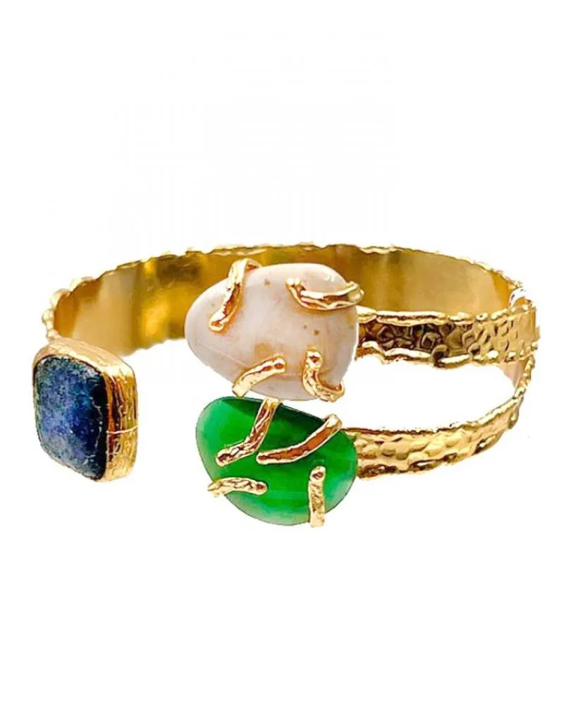 PULSERA MUJER DORADA CON PIEDRAS NATURALES TRICOLOR CHAPADA EN ORO PARA BODAS
