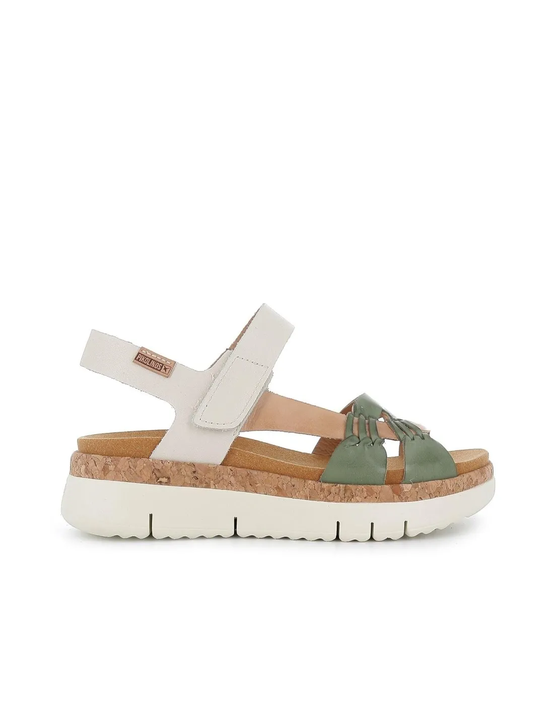 Sandalia de piel con cuña baja para mujer verde Pikolinos