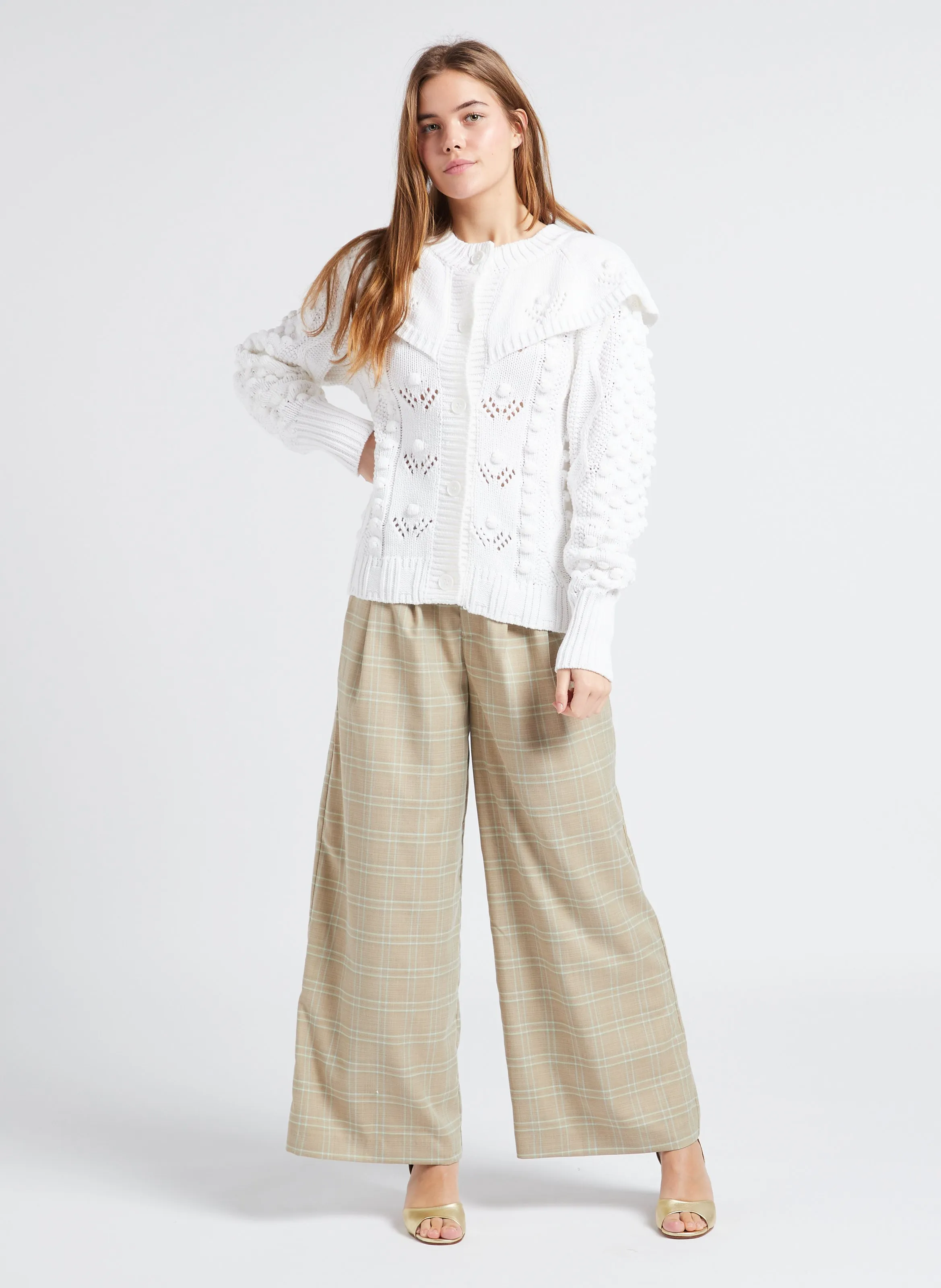 SEE U SOON Pantalón ancho de cuadros en beige