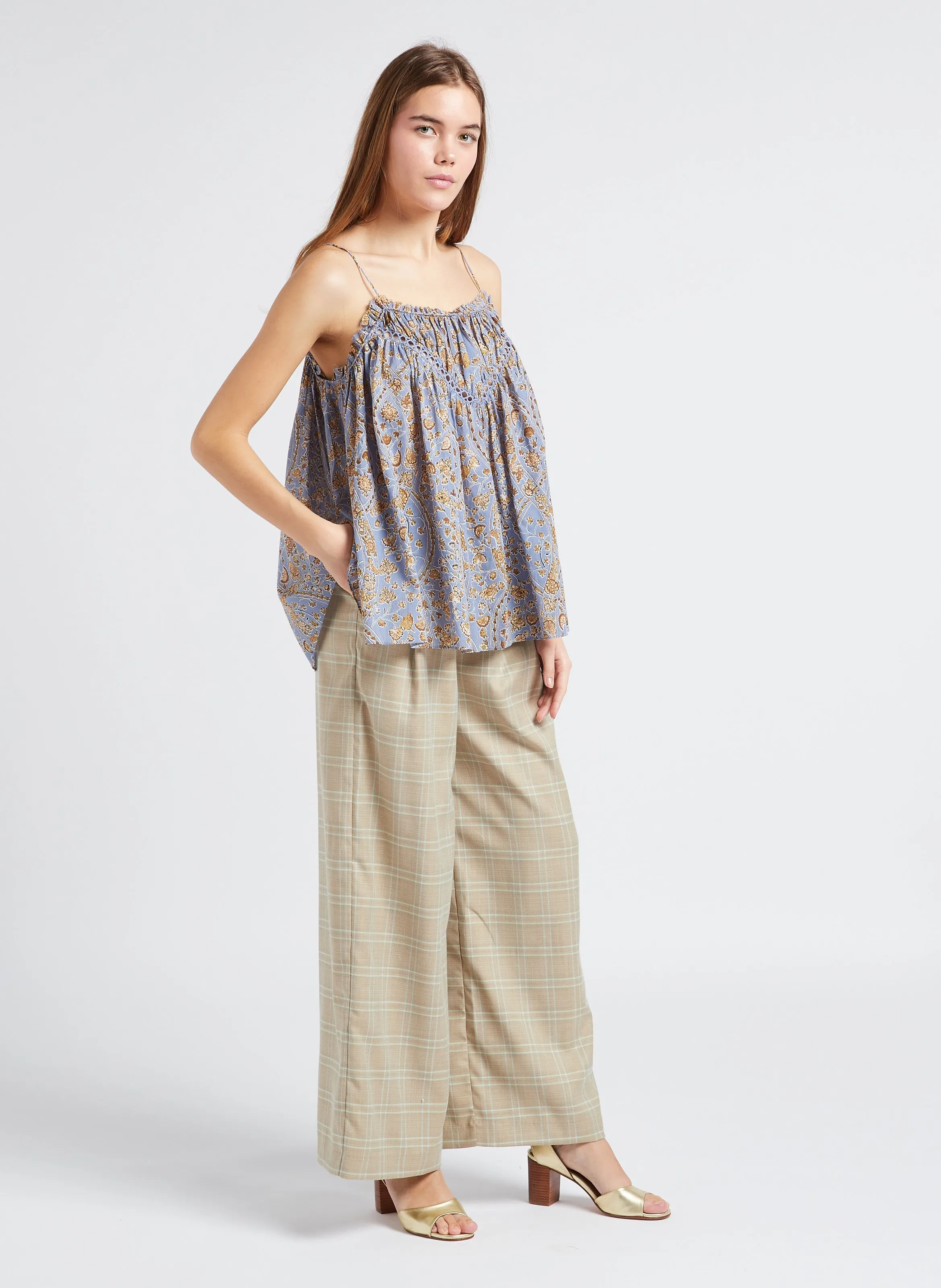 SEE U SOON Pantalón ancho de cuadros en beige