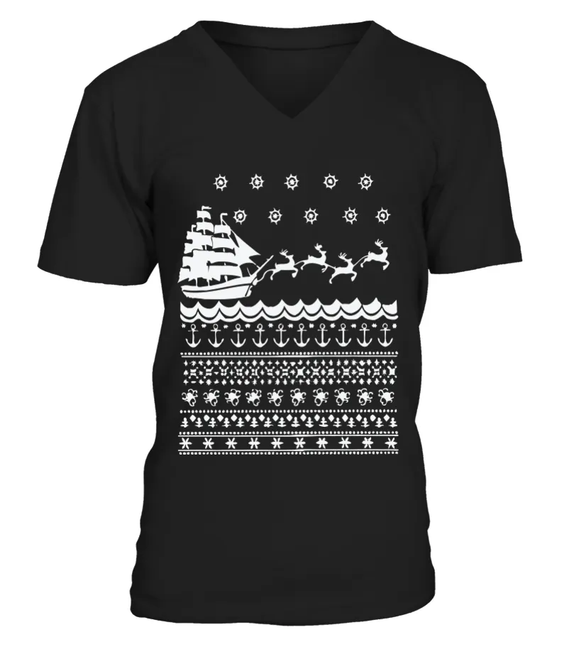 Ship Christmas Sweater Camiseta cuello en V Unisex
