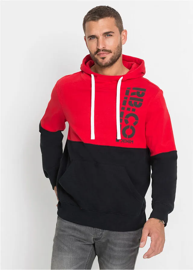 SUDADERA CON CAPUCHA Y CORTE SLIM NEGROROJO ESTAMPADO
