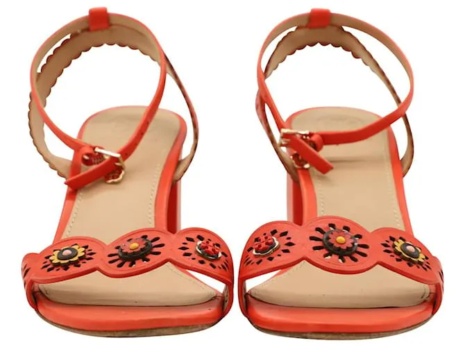 Tory Burch Marguerite Sandalias de bloque medio con corte floral en cuero rojo Roja 