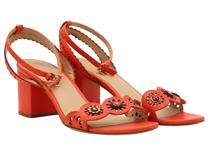 Tory Burch Marguerite Sandalias de bloque medio con corte floral en cuero rojo Roja 