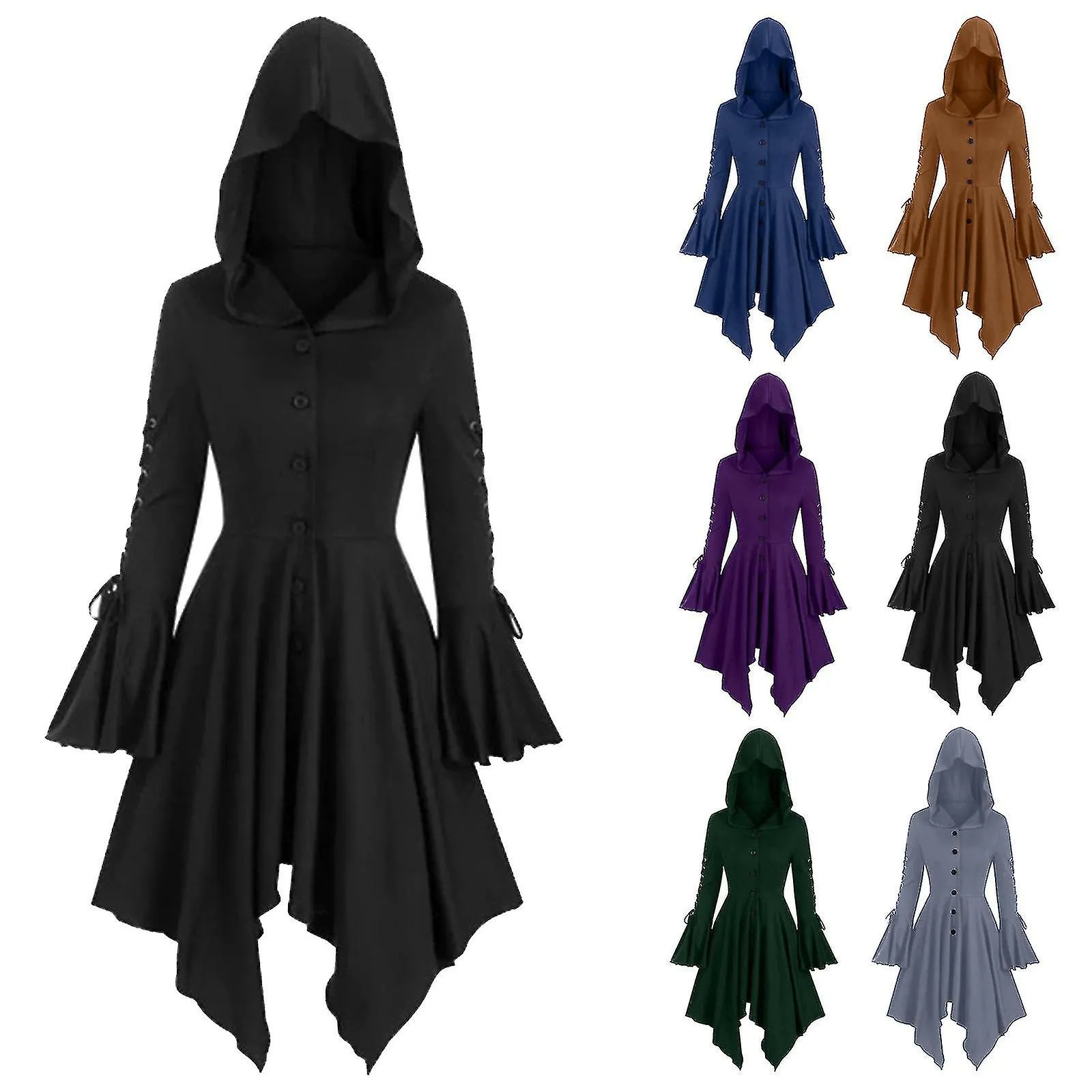 Trajes renacentistas para mujer Túnica con capucha Cordón hasta capa gótica Jersey 6 Color