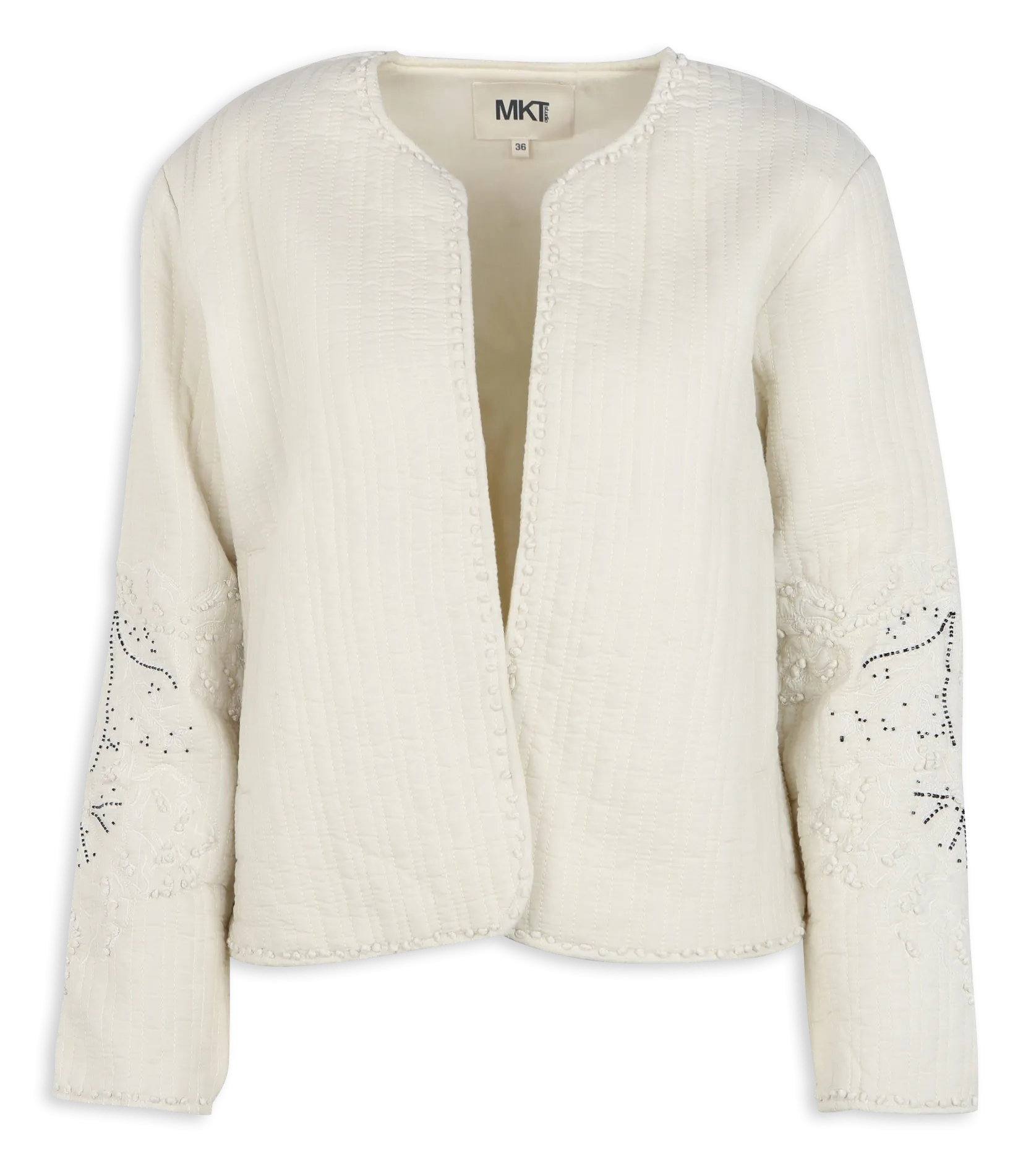 VALUABLE  CHAQUETA ABIERTA CON BORDADOS Y PERLAS DE ALGODóN EN BLANCO