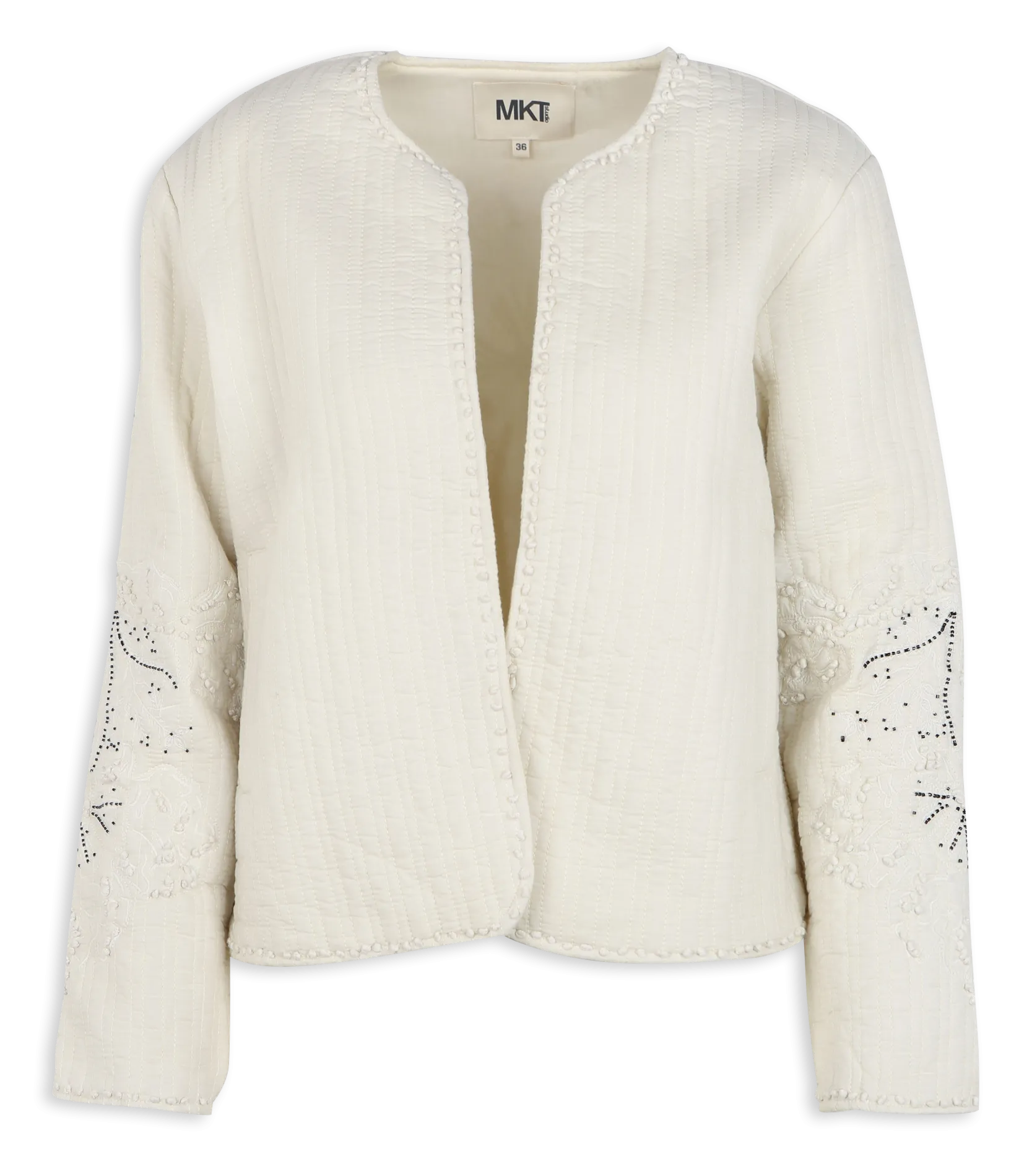 VALUABLE  CHAQUETA ABIERTA CON BORDADOS Y PERLAS DE ALGODóN EN BLANCO