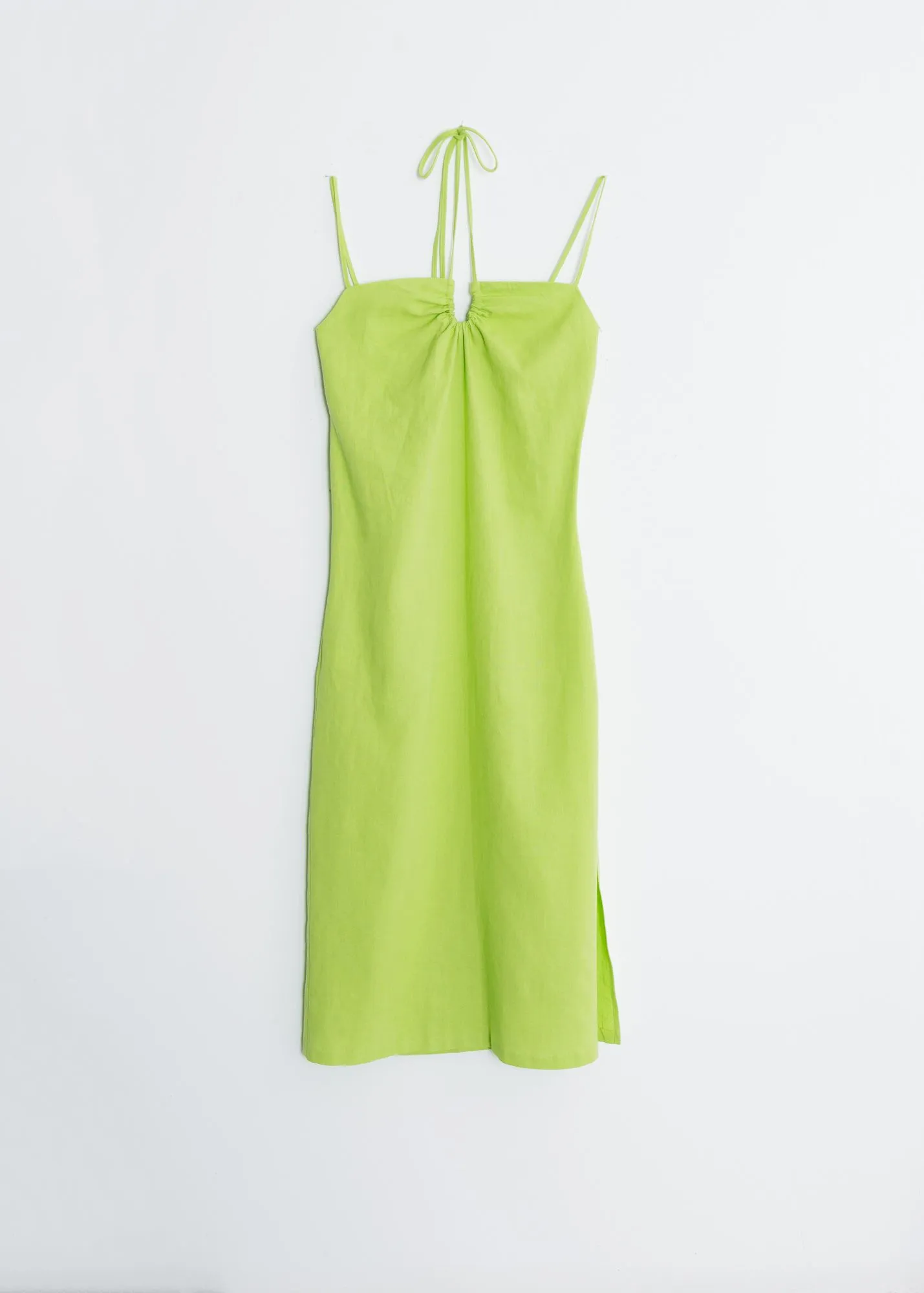 Vestido Midi largo con lino y tirantes finos para mujer color verde