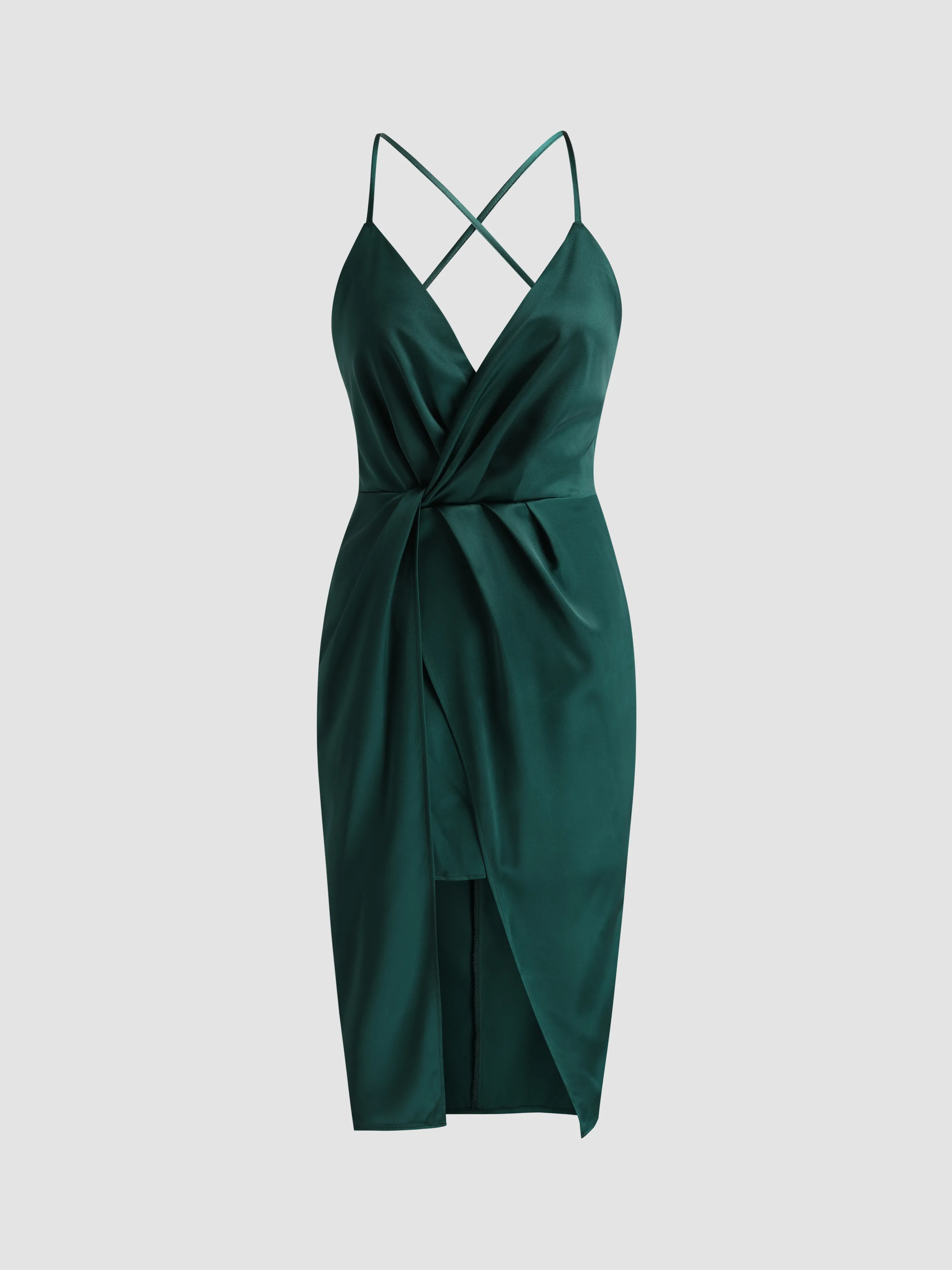  Vestido Midi Sólido sin Espalda con Torsión en el Frente