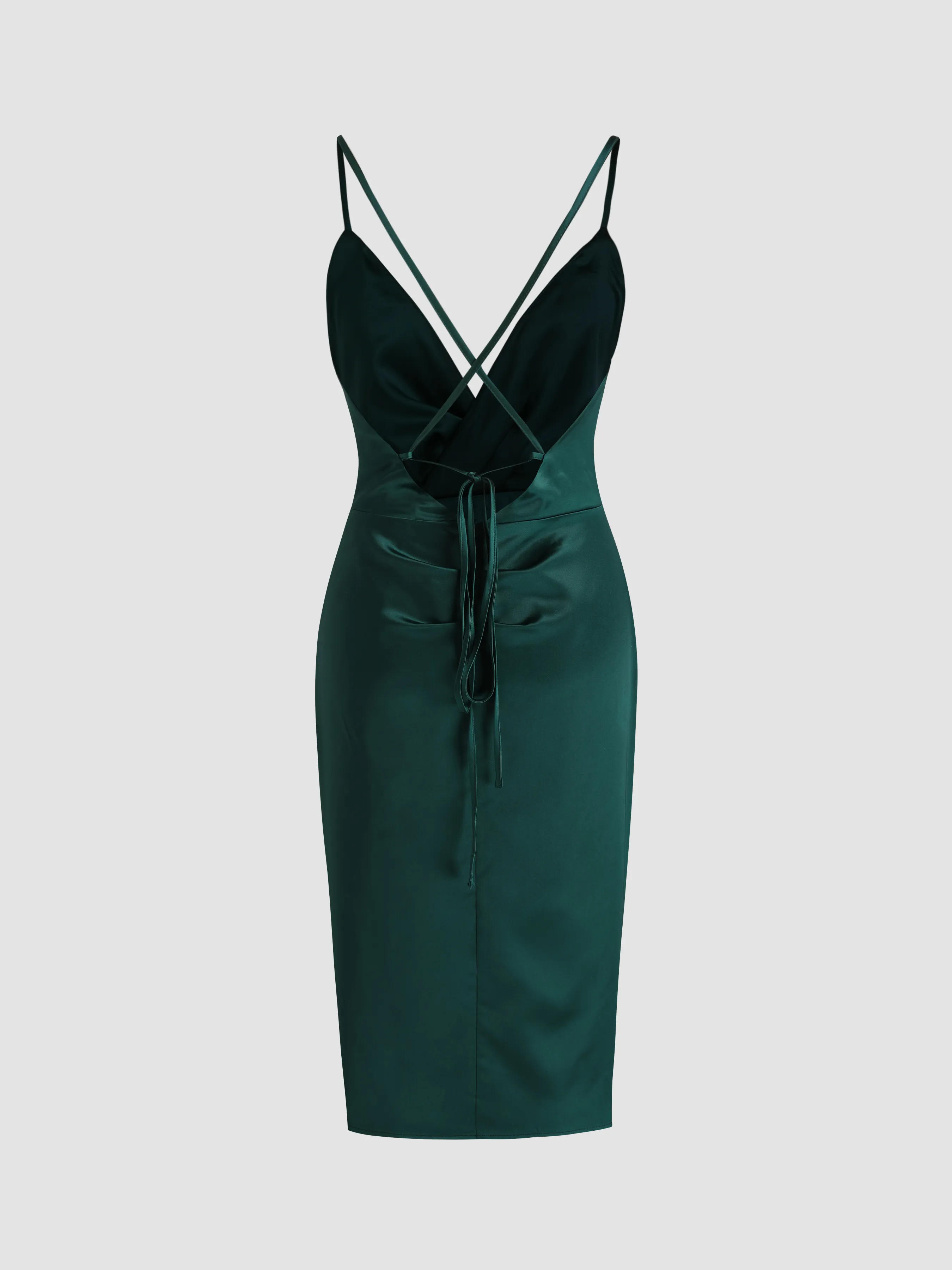  Vestido Midi Sólido sin Espalda con Torsión en el Frente