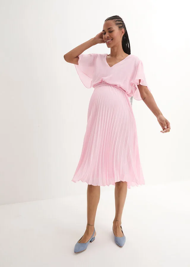 Vestido premamá con plisado rosa cristal