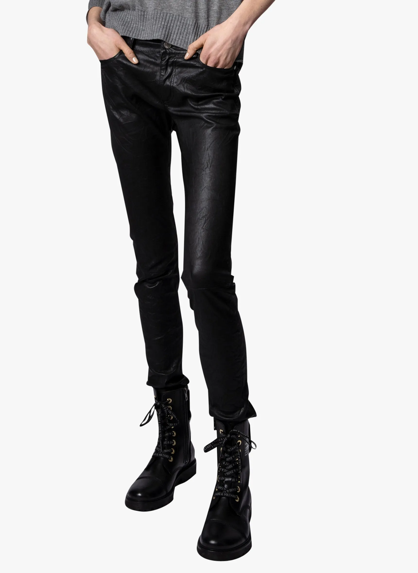 ZADIG&VOLTAIRE PHLAME  PANTALóN RECTO DE 5 BOLSILLOS DE CUERO. EN NEGRO