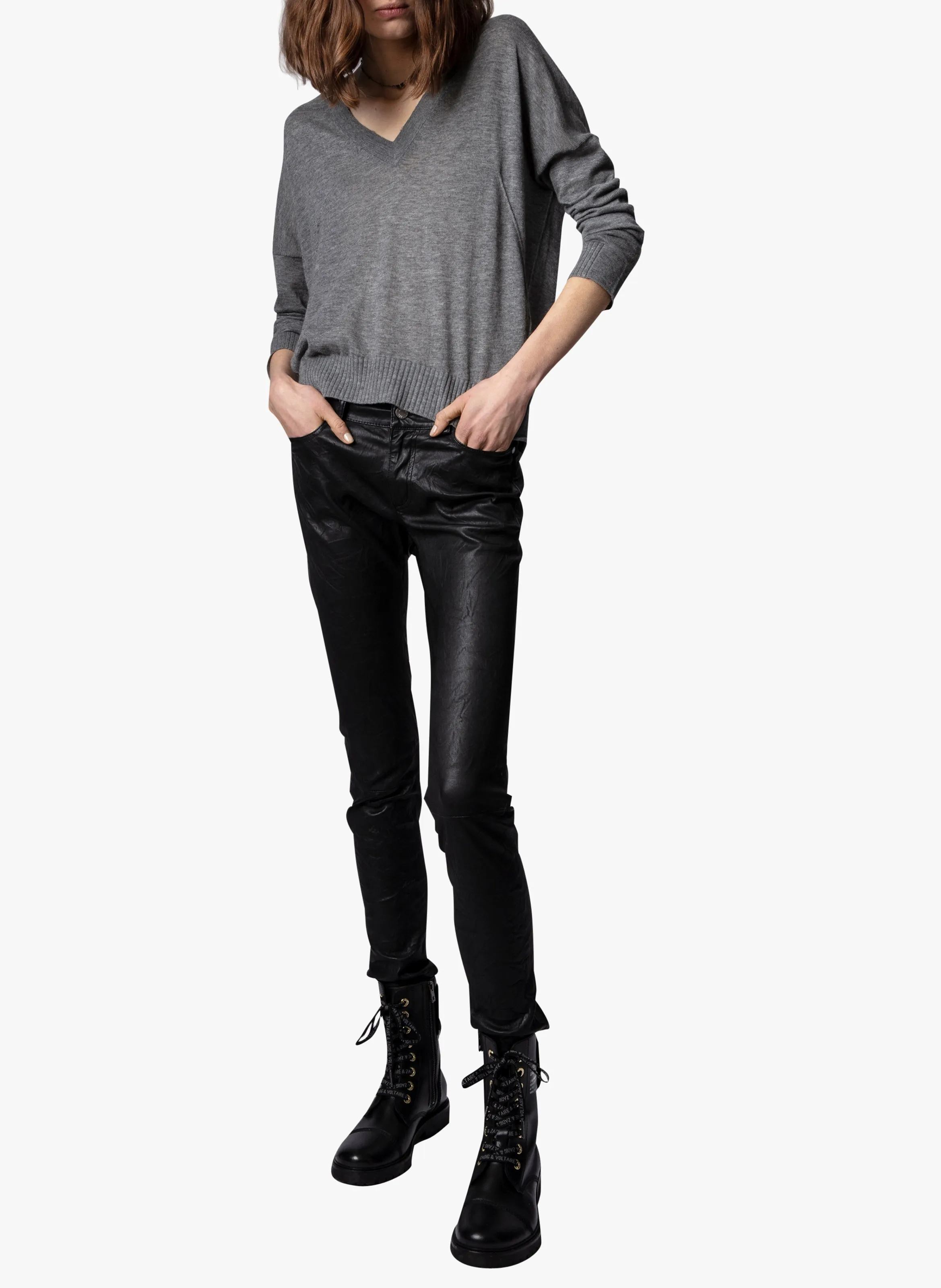 ZADIG&VOLTAIRE PHLAME  PANTALóN RECTO DE 5 BOLSILLOS DE CUERO. EN NEGRO